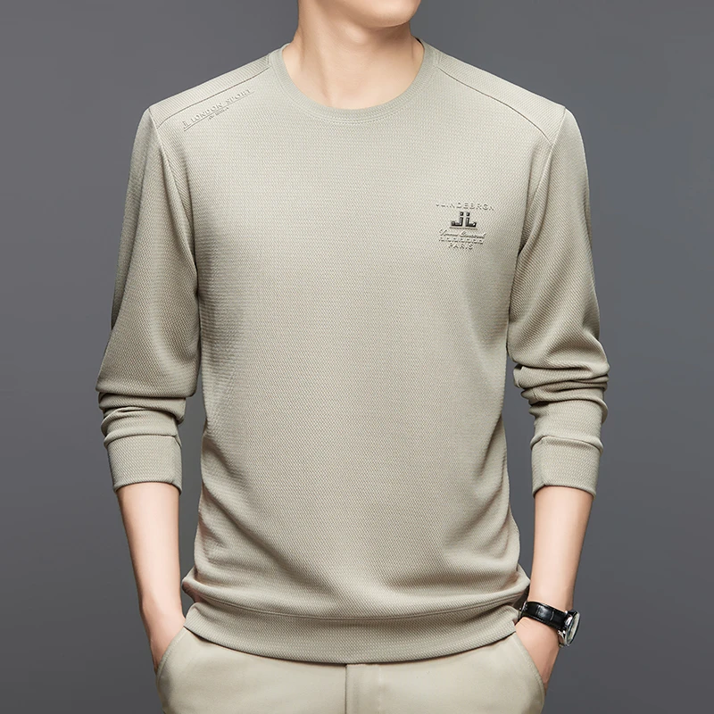 男装华夫格男士卫衣春秋季宽松套头薄款圆领百搭休闲长袖t恤