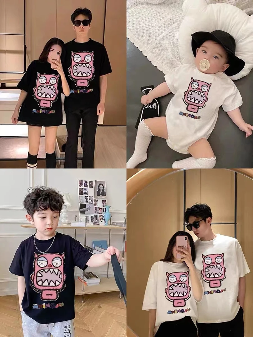 亲子装情侣装儿童短袖2025夏季新款洋气修身印花T恤一家四口半袖