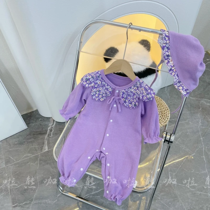 春秋款女宝宝衣服甜美可爱贝壳领长袖连体爬服外出服