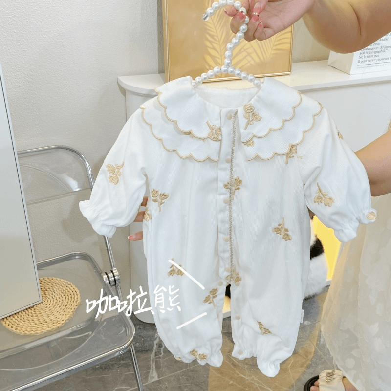 秋季上新双层领花朵长袖哈衣爬爬服女宝宝休闲洋气百搭好看清新连