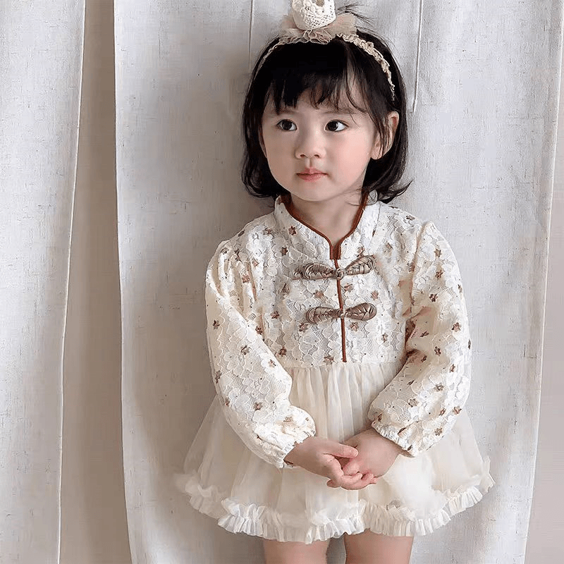 立领中国风小花包屁裙春季长袖三角爬服复古碎花盘扣旗袍连体衣