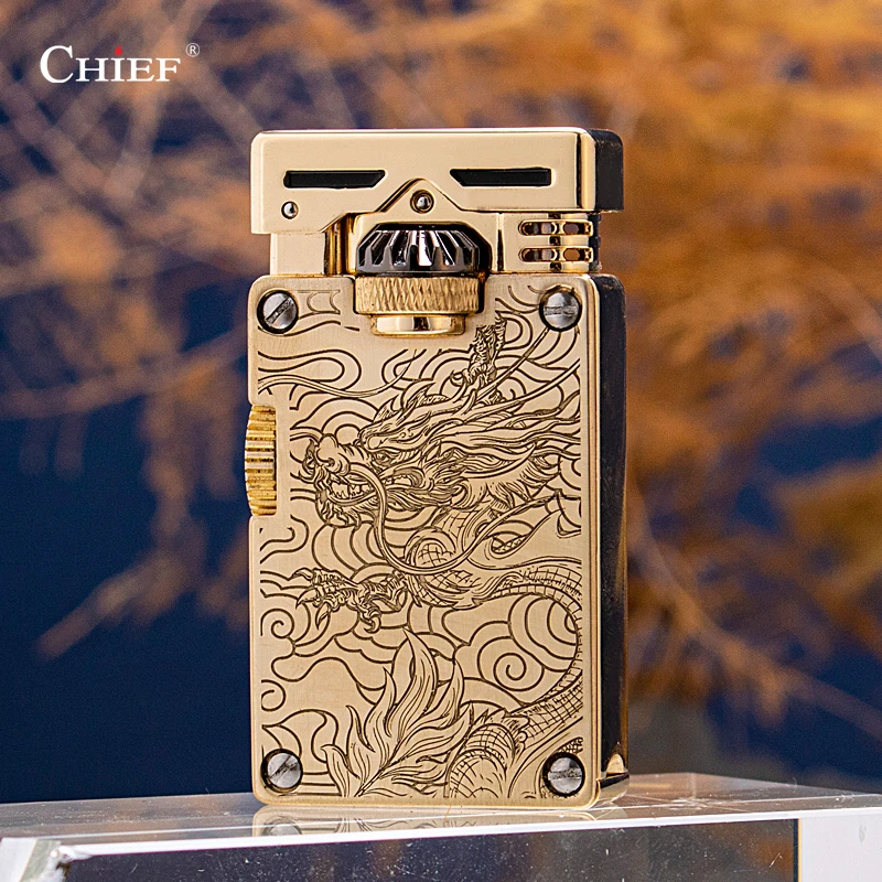 首领CHIEF709机械齿轮联动按钮点火煤油打火机高档礼盒包装送礼用