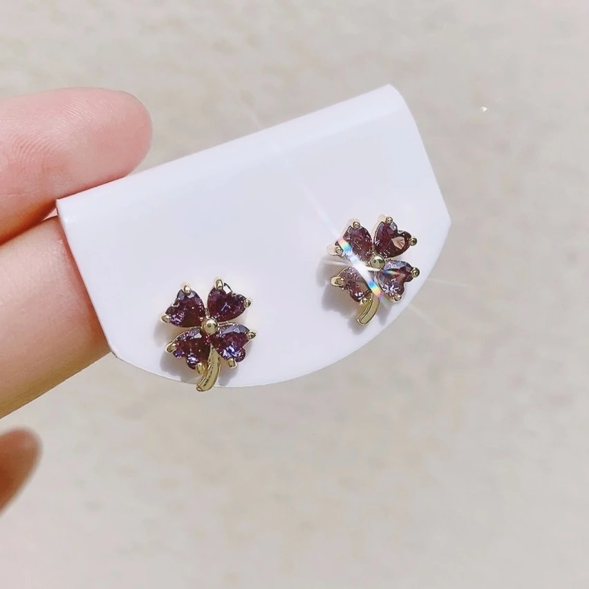 铜合金合成锆石耳饰 紫色精致轻奢百搭小巧简约气质耳环耳钉4-2