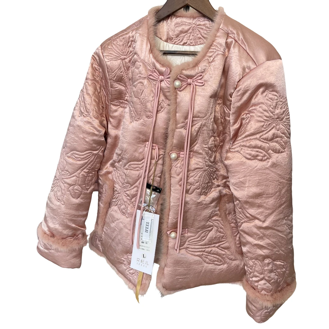 新中式国风刺绣缎面水貂毛外套高端大气上档次女装秋冬新款