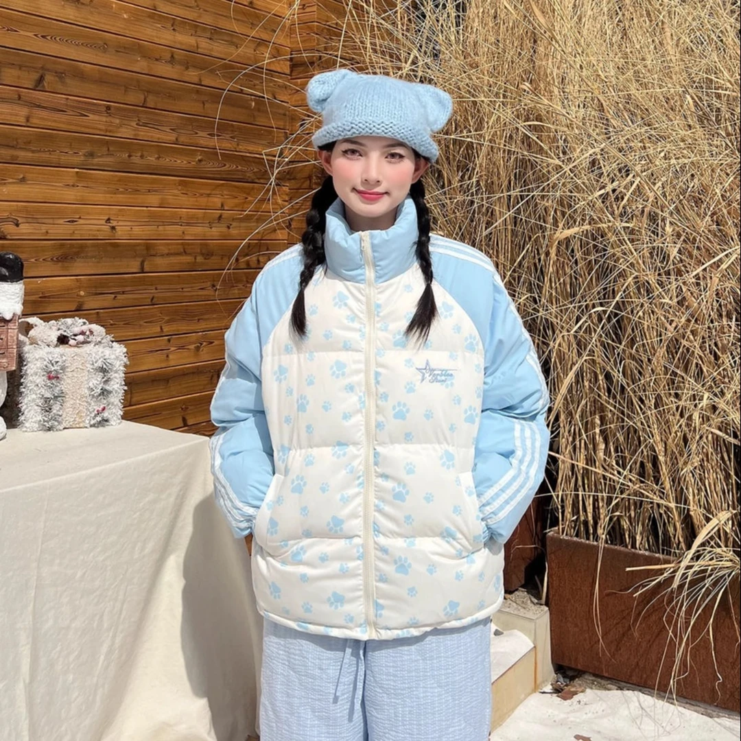 日系甜美风猫爪条纹撞色立领棉服2024冬季新款宽松bf潮牌面包服