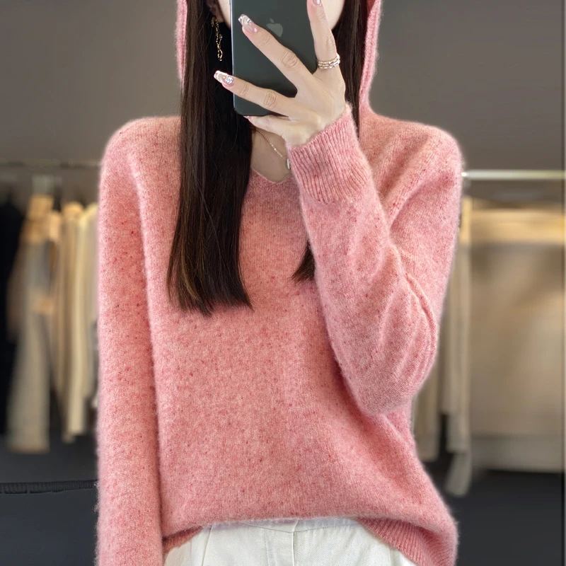 软糯到爆~新款一线成衣连帽100纯羊毛衫时尚宽松点子纱毛衣女秋冬