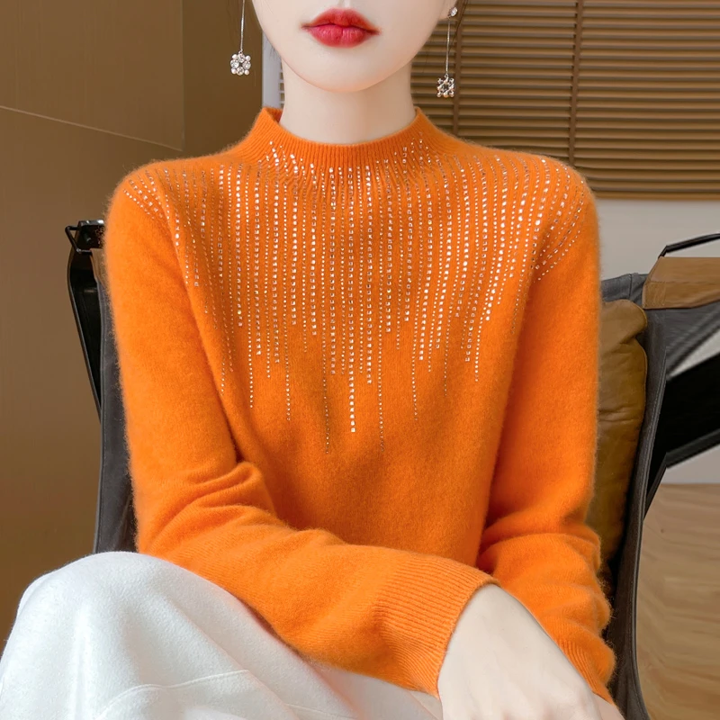 上身太美了一线成衣羊毛衫重工烫钻针织毛衣修身百搭半高领打底衫