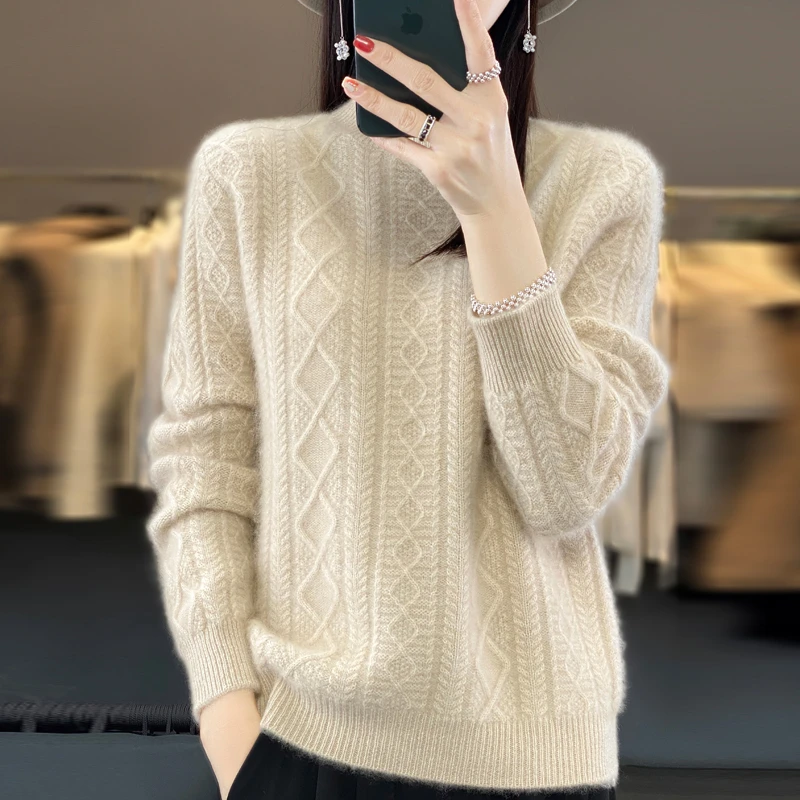 软糯轻奢~100羊毛衫 宽松加厚立体绞花针织毛衣 半高领百搭女上衣