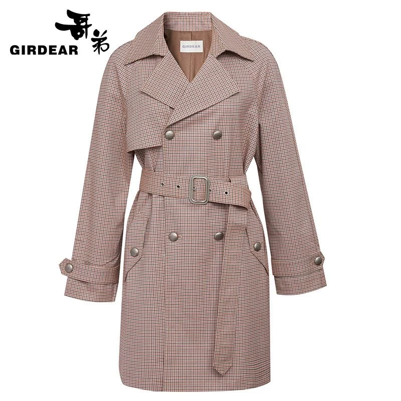 GIRDEAR/哥弟新款宽松大气中长款双排扣腰带格纹风衣1400666-67