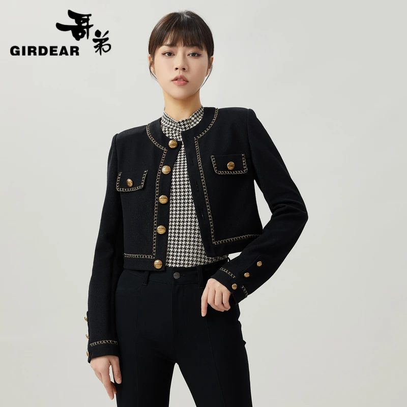 GIRDEAR/哥弟新款气质时尚高级感圆领撞色长袖小香短外套 1400677
