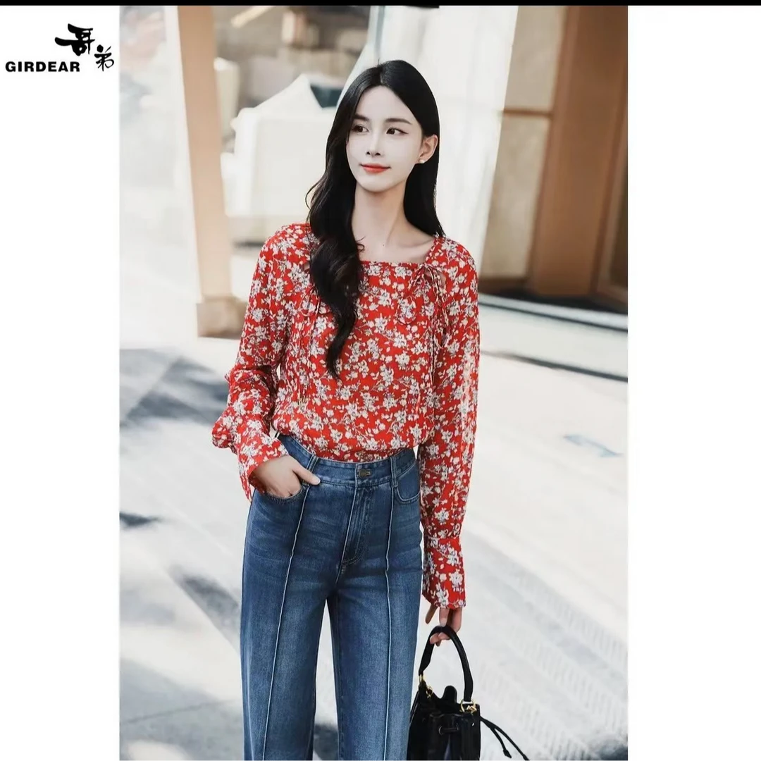 GIRDEAR/哥弟哥弟新款早春气质时尚碎花显瘦长袖宽松衬衫130012