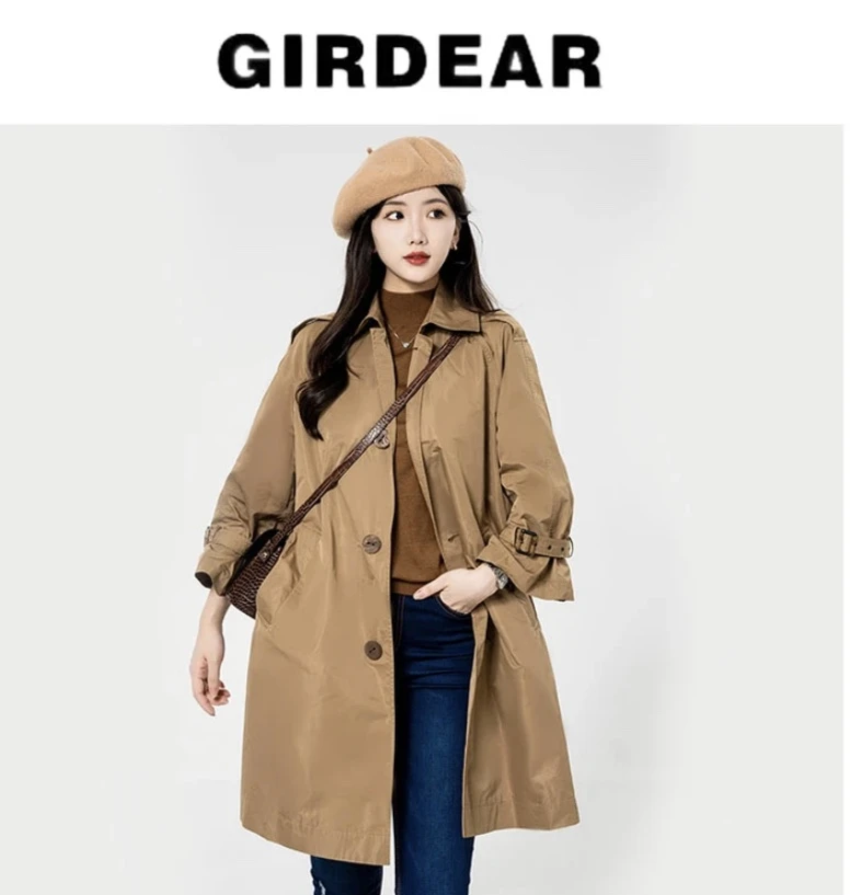 GIRDEAR/哥弟欧美风中长款宽松显瘦时髦H型卡其色风衣1400607