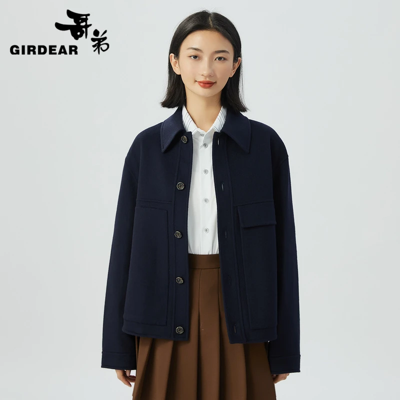 GIRDEAR/哥弟老钱风通勤翻领大口袋夹克双面呢热力感外套1400703