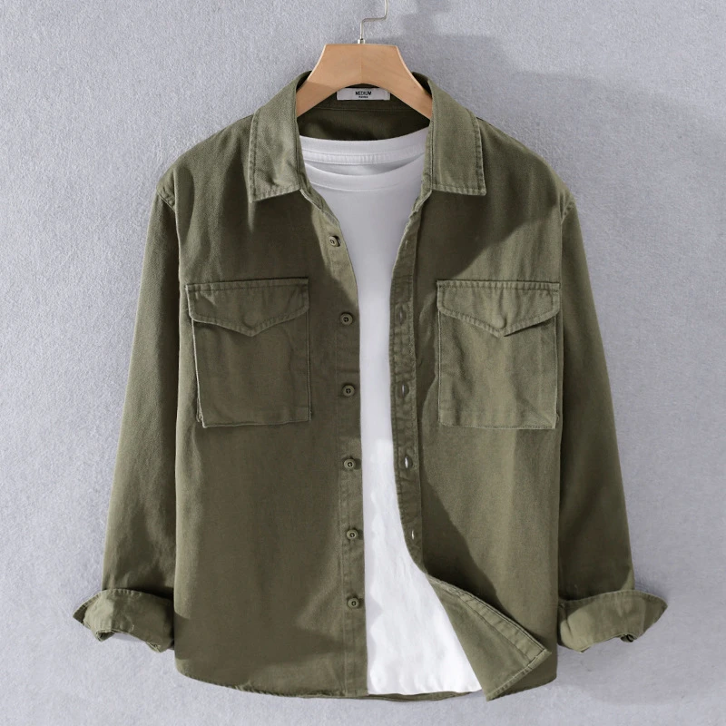 男装春秋款纯棉长袖衬衫宽松休闲青年纯色棉衬衣外套简约百搭9370
