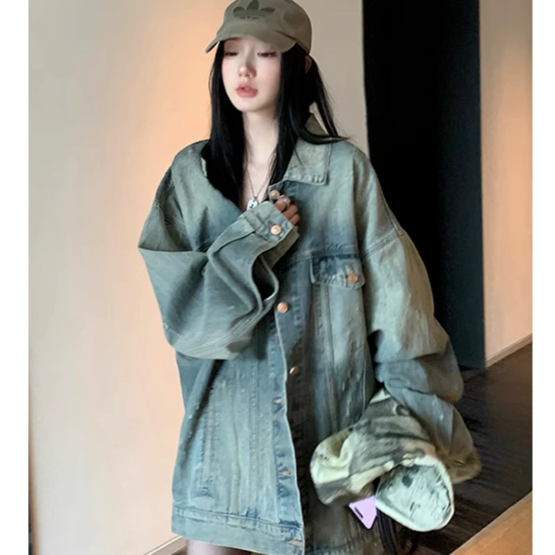 美式复古水洗做旧牛仔外套女中长款宽松bf风春秋2025新款夹克上衣