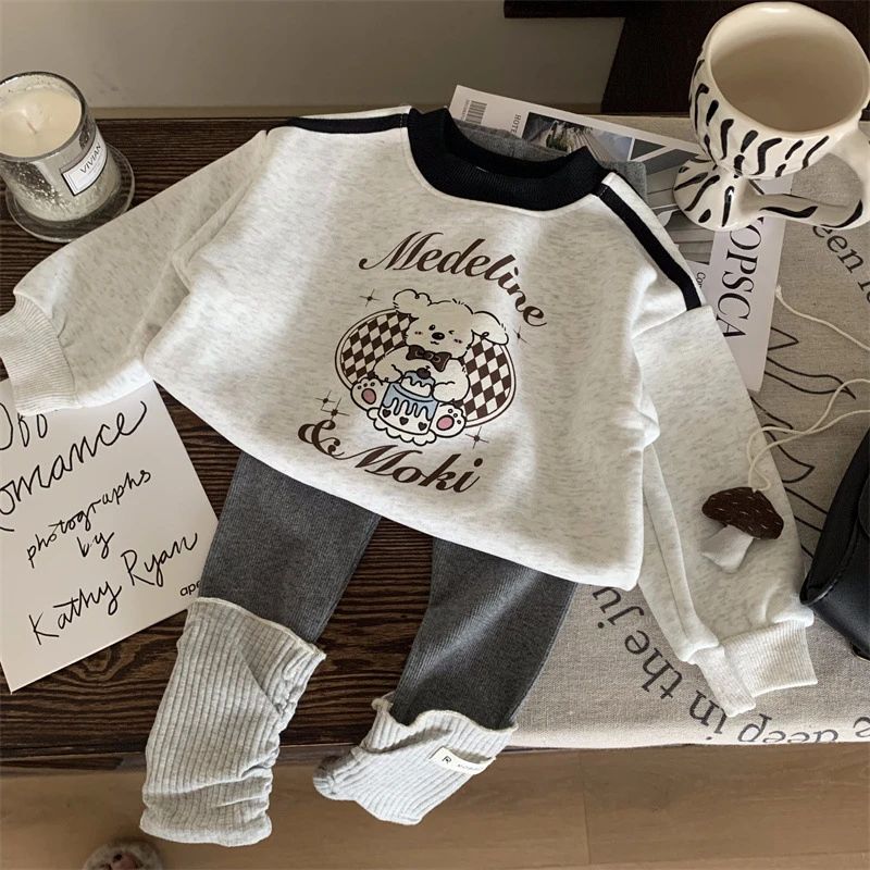 韩版童装2024新款秋季女童卡通印花卫衣堆堆袜打底裤两件套潮