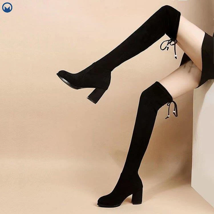 冬季新款时尚过膝长靴女粗跟显瘦冬季保暖加绒弹力靴大码平底高筒