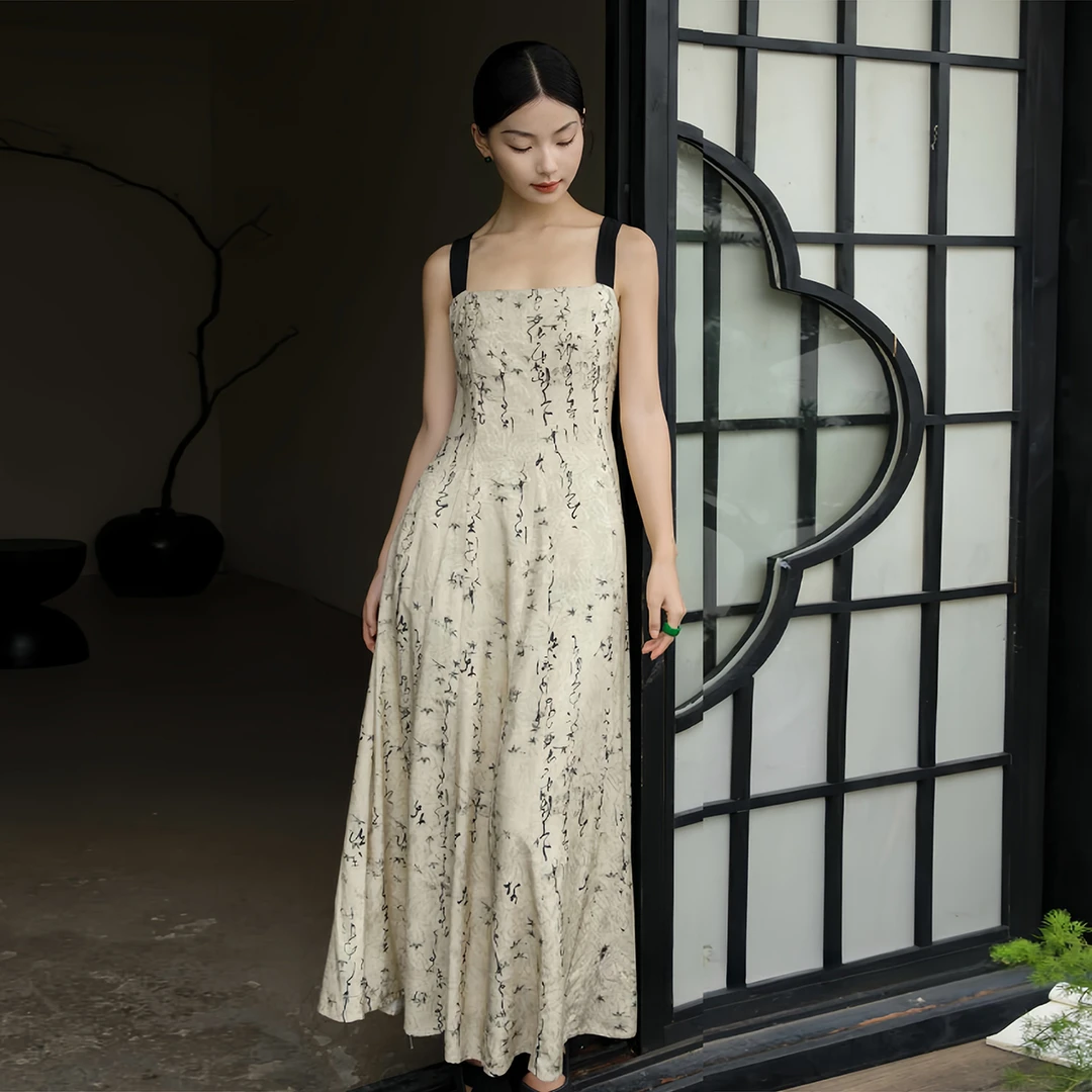 清凉不粘身垂坠丝滑！人丝+提花新中式连衣裙2756国风度假吊带裙