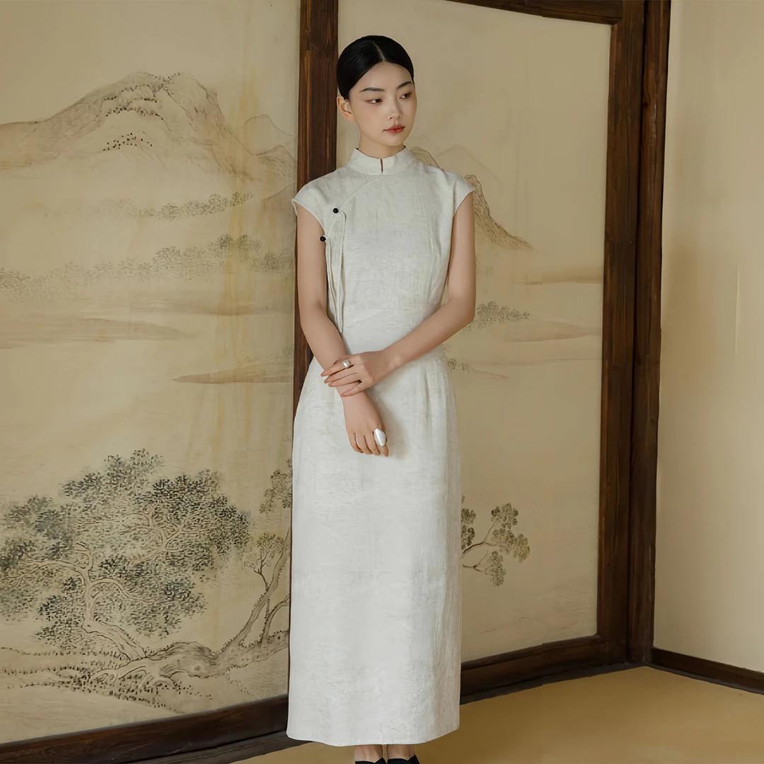 不挑人新中式！谁穿都很气质！立领亚麻国风连衣裙2659棉麻连衣裙
