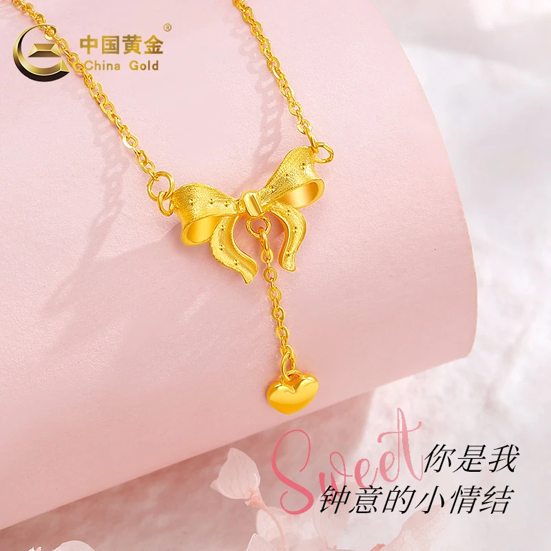 【中国黄金】双十二抢先足金在逃公主蝴蝶结套链项链甜美少女黄金项