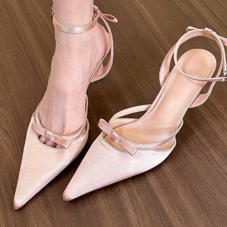2024春夏新款尖头细跟中跟包头凉鞋绸缎蝴蝶结高跟单鞋时尚女鞋子