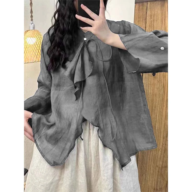 1276 夏季时尚百搭灰色宽松长袖防晒衬衫 B7