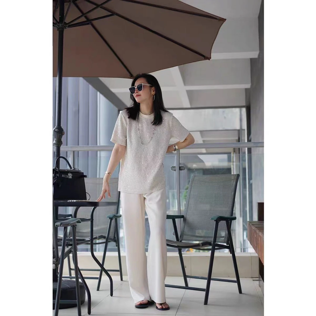 28601 白色亮片气质短袖百搭T恤 E8-1