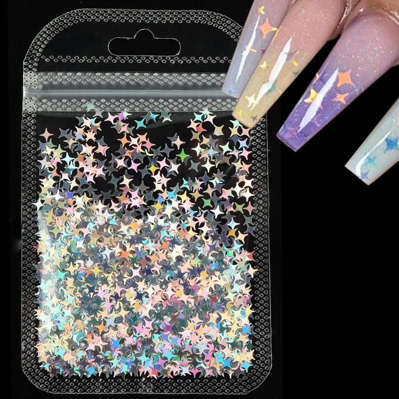 美甲新款镭射四角星星幻彩十字星辰美甲亮片网红指甲贴片装饰品