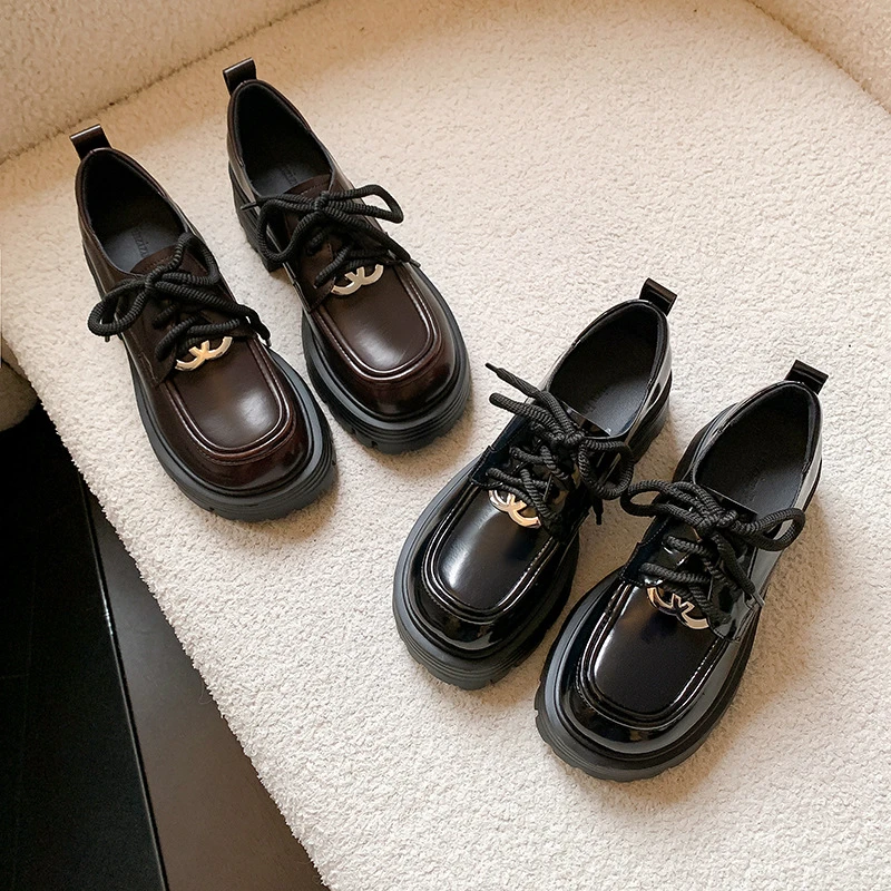 圆头绑带百搭厚底增高7cm英伦风小皮鞋女显脚小乐福鞋女软底春秋
