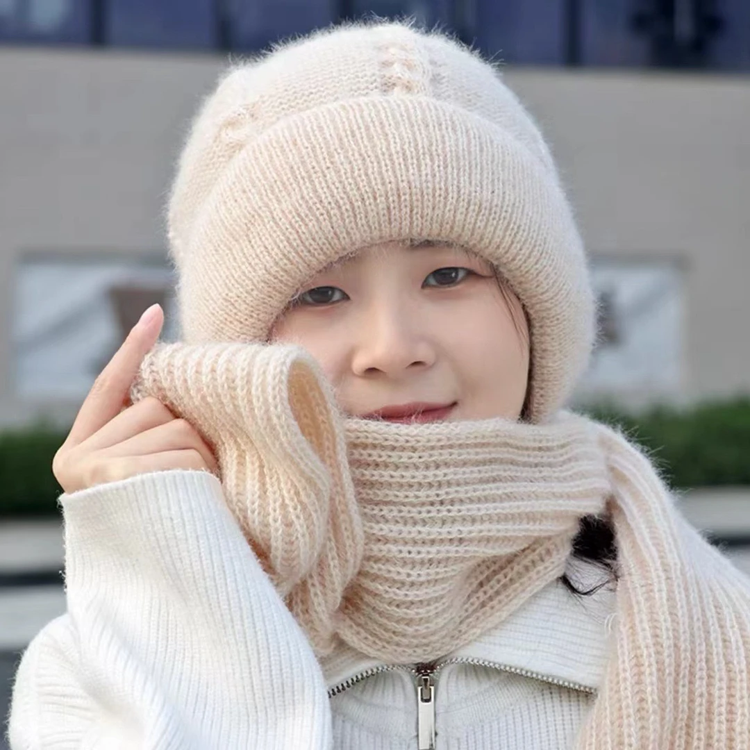 帽子女新款加绒加厚围巾一体风雪帽秋冬季骑车毛线帽保暖网红帽