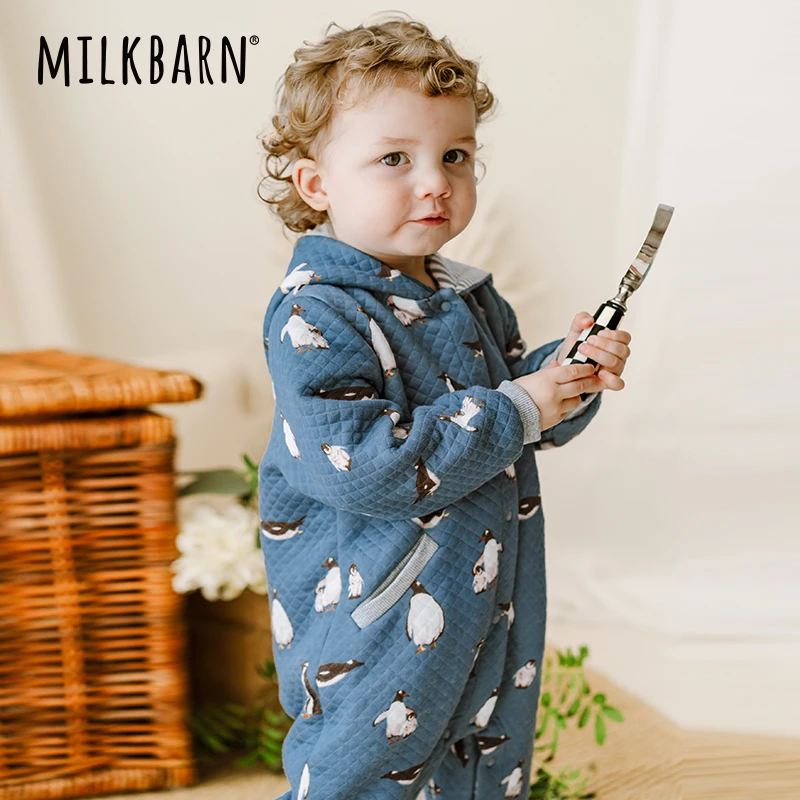 Milkbarn春季新品婴儿连帽连体衣服宝宝加厚哈衣婴幼儿爬爬服