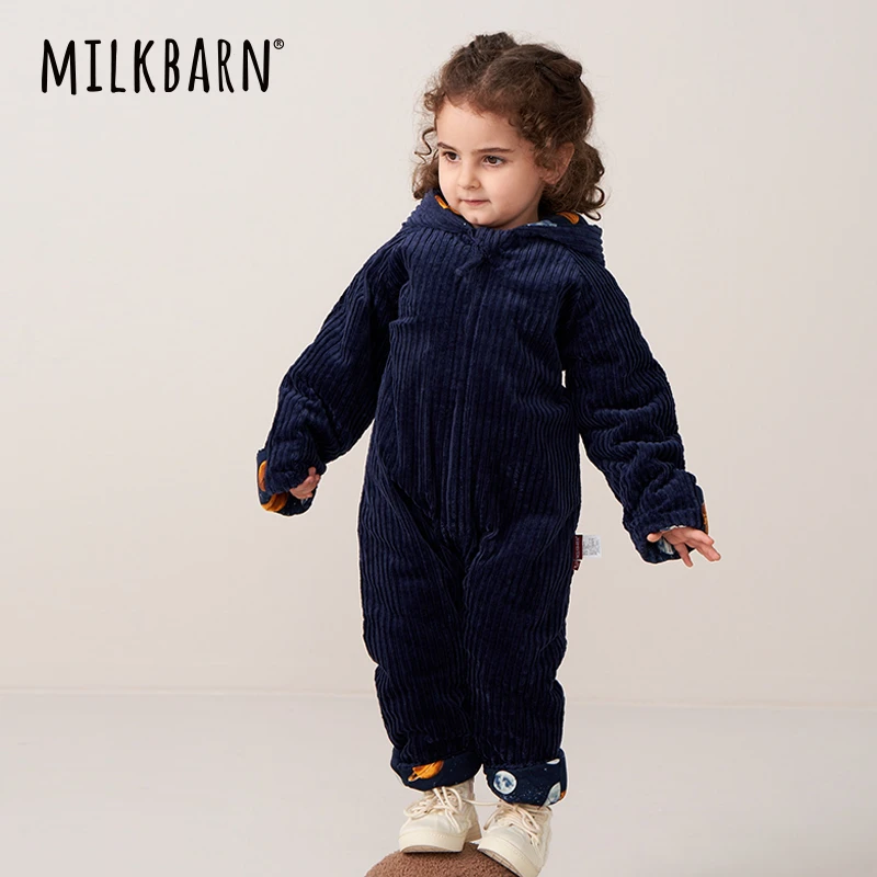 Milkbarn灯芯绒夹棉连体服男女宝长袖连帽爬服