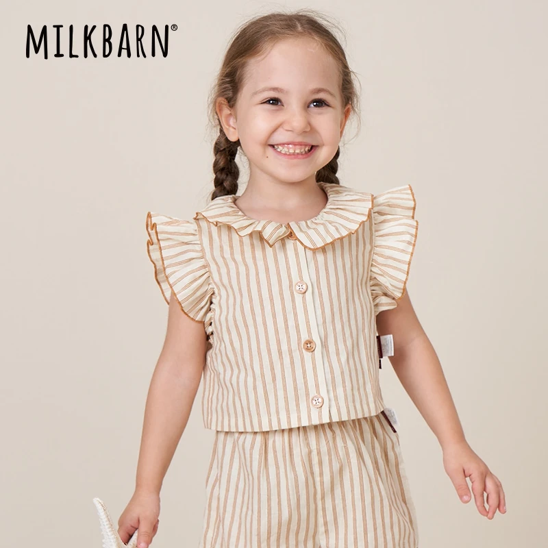 Milkbarn夏季女童短袖衬衫洋气时髦上衣宝宝新款衬衣条纹套装