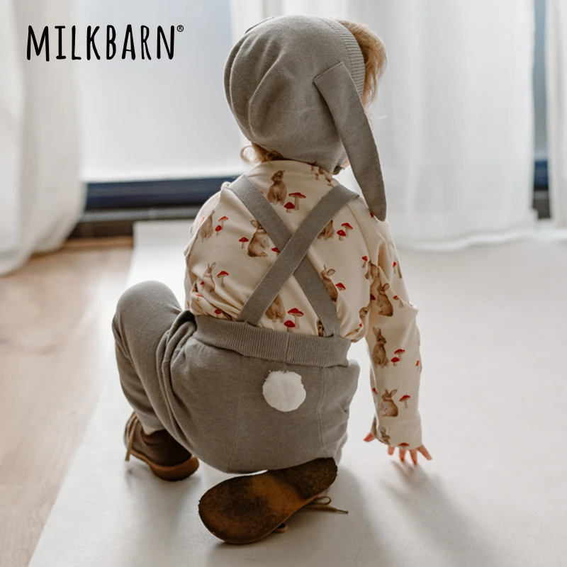 Milkbarn宝宝背带裤男女童春秋外穿针织长裤婴儿休闲裤子