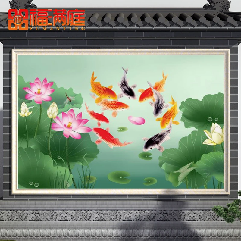 农村瓷砖迎门墙背景墙迎门墙福字庭院微晶石荷花小院定制影壁墙砖