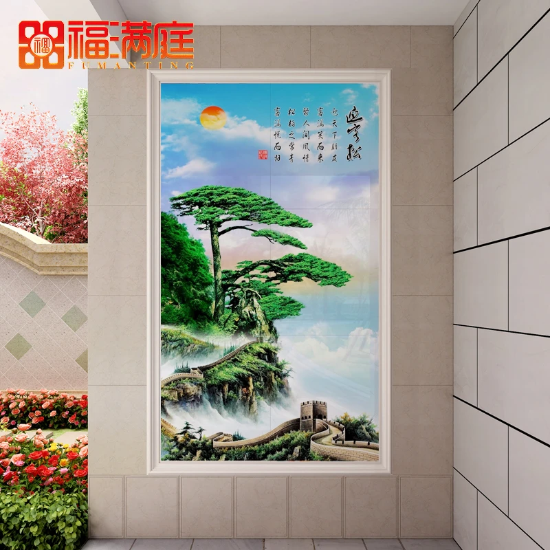 农村瓷砖背景别墅玄关定制山水画迎客松3D高清全瓷岩板画中式壁画