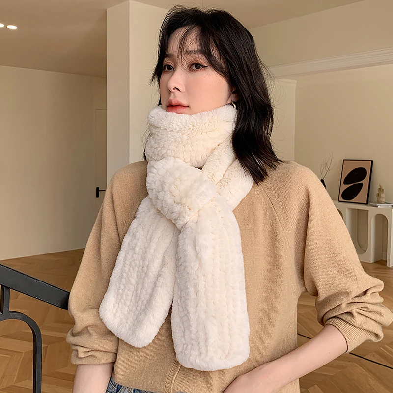 保暖韩版网红百搭纯色双面编织进口獭兔毛皮草围巾冬长款皮草围脖