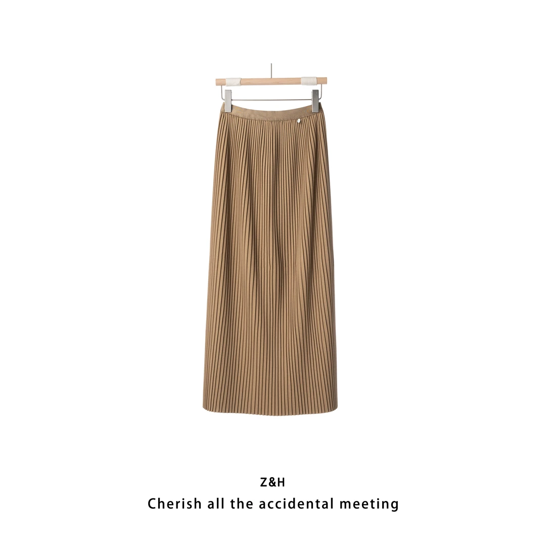 ZH【乔木】纯色简约百褶半身裙宽松中长裙松紧腰