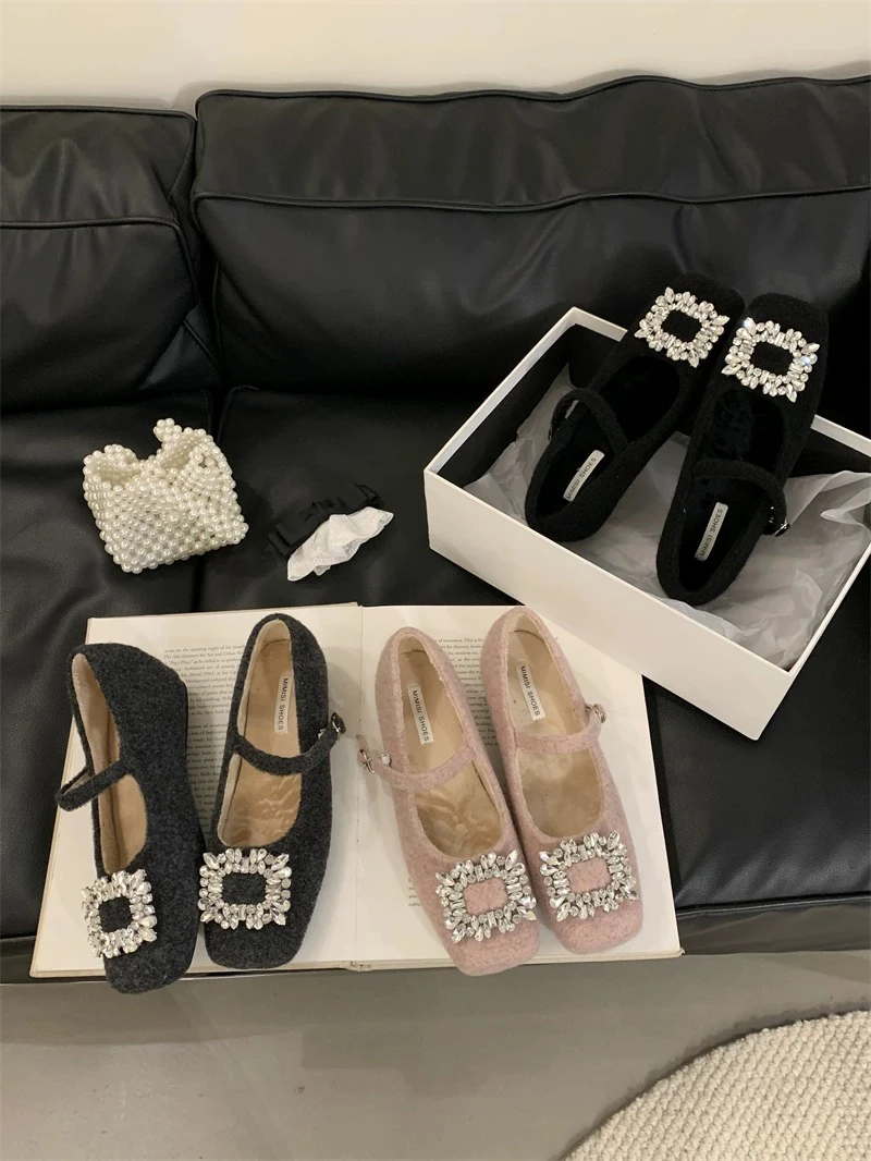 方扣内增高法式水钻毛呢高跟单鞋女2024秋冬鞋子女款百搭小众鞋子