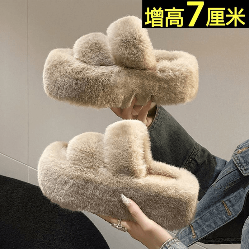 网红外穿毛毛拖鞋女2023秋冬新款ins超火一字拖松糕厚底增高棉拖