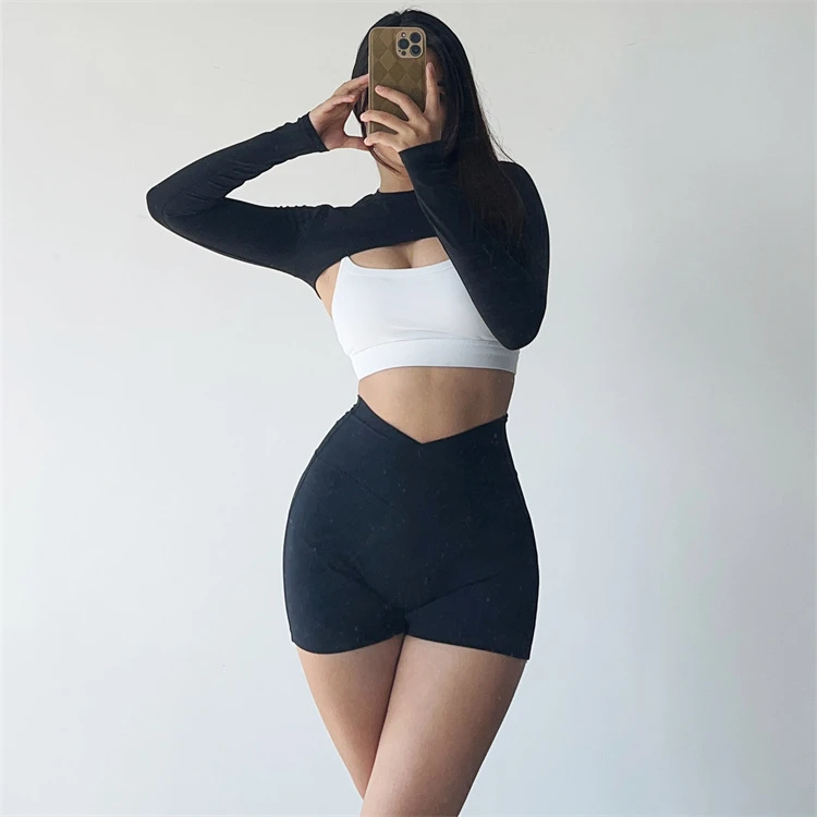 超短瑜伽普拉提外搭圆领训练T恤长袖坎肩上衣健身长袖速干训练服