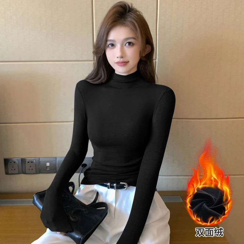黑色半高领长袖打底衫女双面德绒上衣保暖秋冬洋气中领内搭t恤