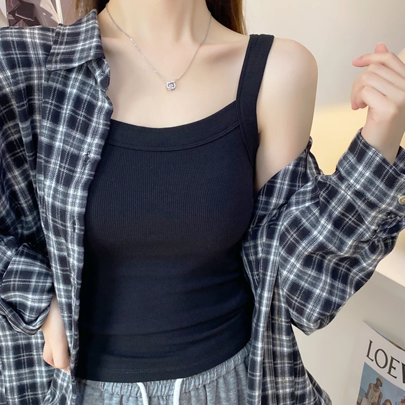 螺纹黑色方领吊带背心女夏季内搭修身显瘦外穿美背无袖打底上衣潮