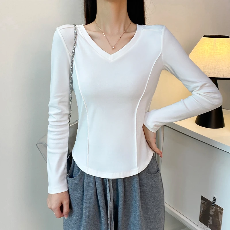 白色V领鱼骨长袖t恤女春秋内搭弧形下摆打底衫修身正肩显瘦上衣潮