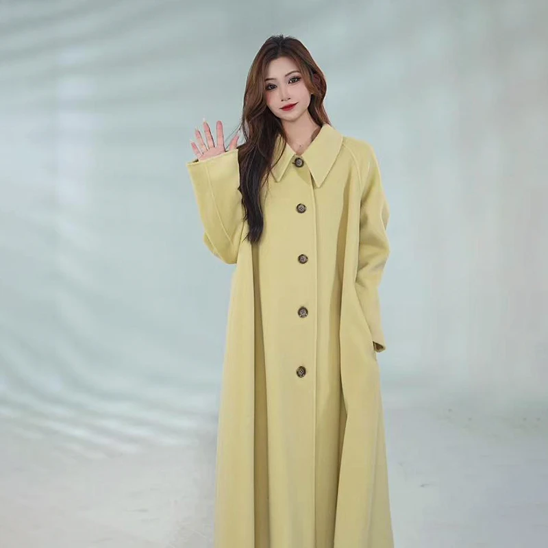 COCO INS 奶油西多士-樱草黄娃娃领双面羊毛大衣中长款毛呢外套女