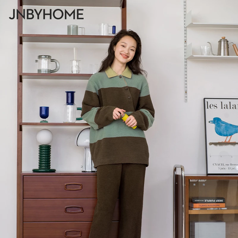 【条纹半边绒家居服】JNBYHOME秋冬可外穿长袖情侣外穿加厚家居服