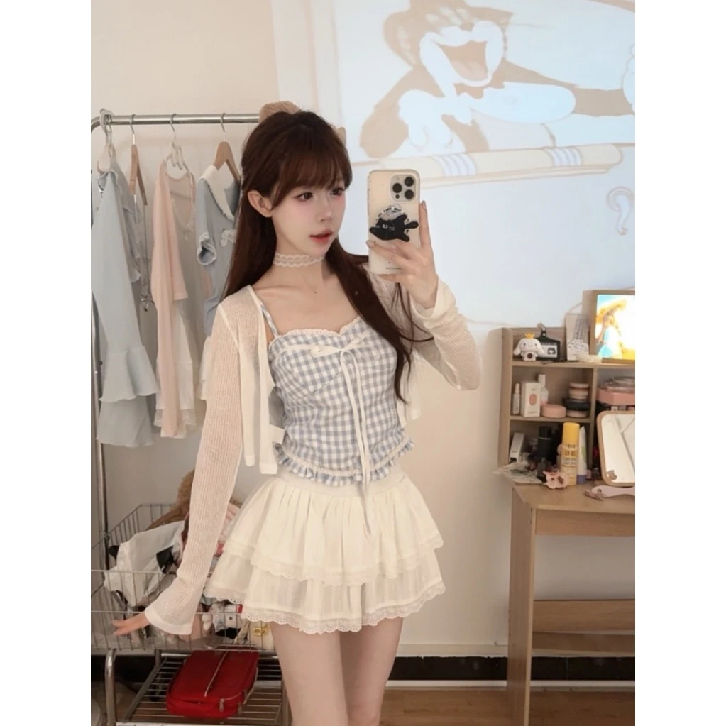 【玻璃人偶】开衫和吊带 格子吊带背心极光制服 学院风套装青青链接