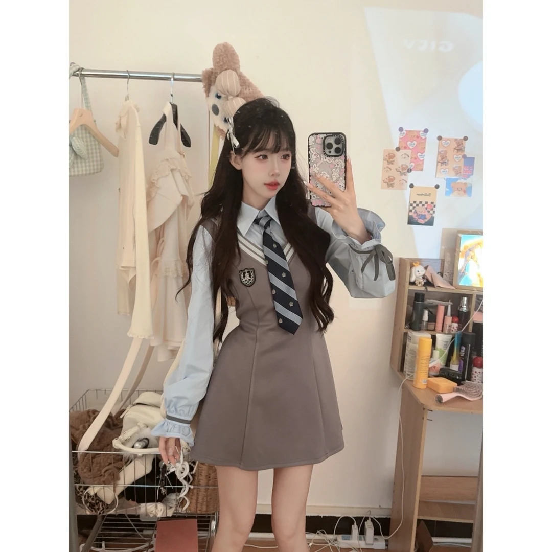 【首尔女高】秋冬甜美可爱假两件连衣裙 极光原创学院风