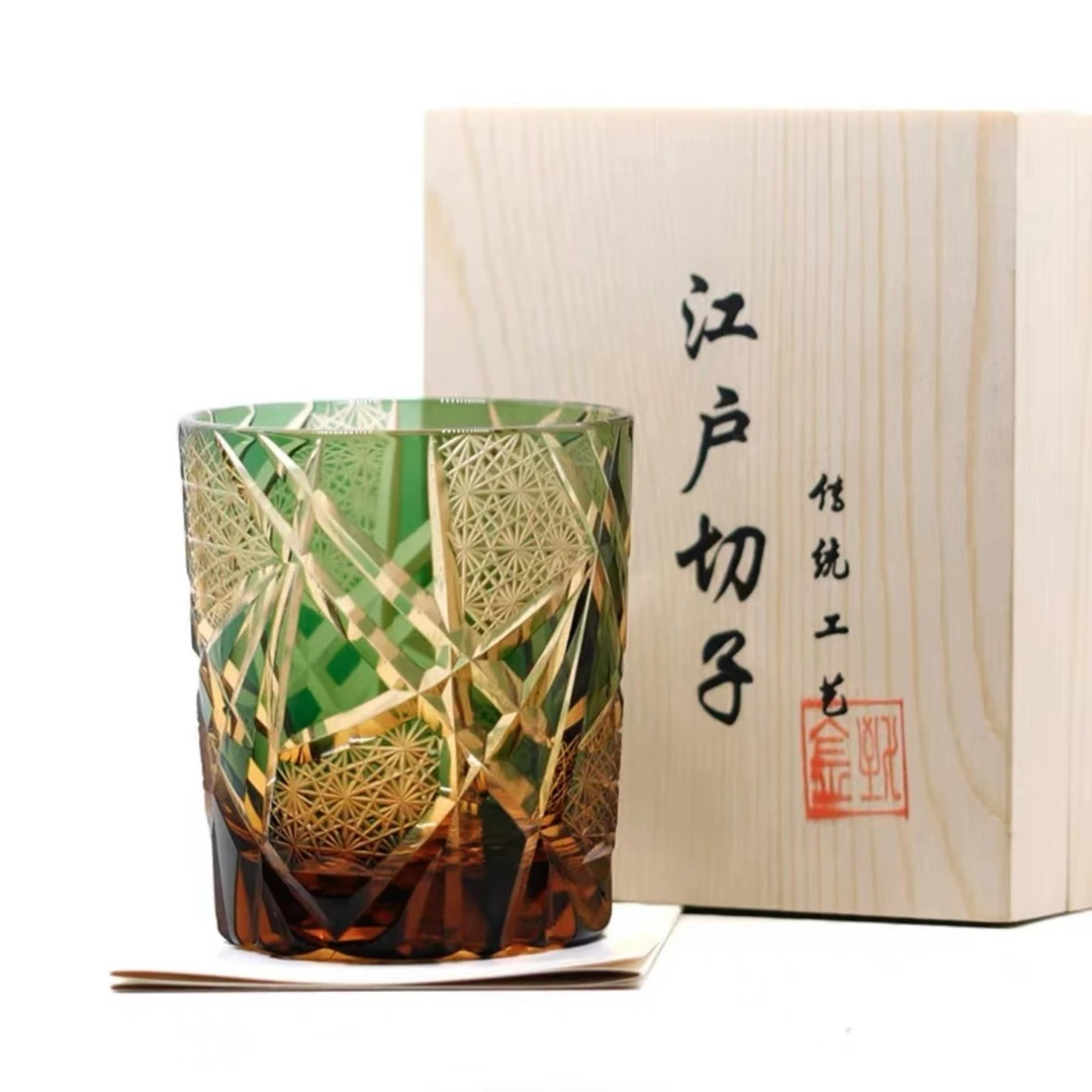 工厂店闪电纹琥珀底江户切子水晶玻璃杯威士忌洋酒杯手工雕刻杯子