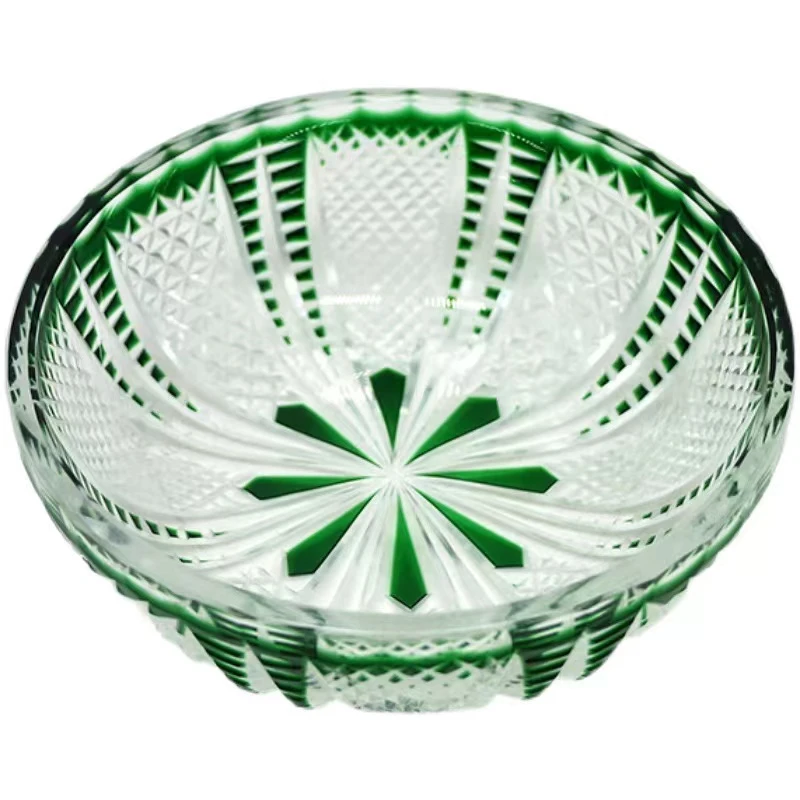 工厂店日式江户切子透明水晶玻璃果盘碗手工雕刻绿色套色玻璃果盘